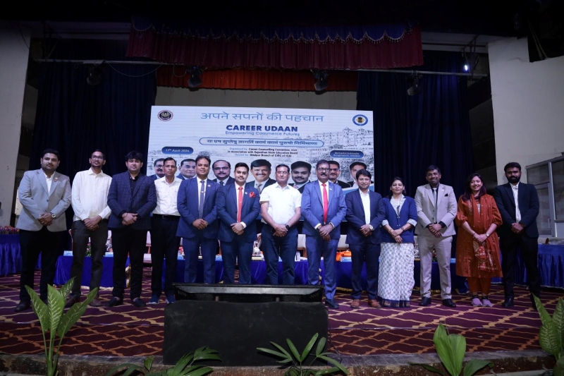 April 17, 2026 - CA. Durgesh Kabra & CA. Arpit Kabra, Central Council Members, ICAI along with dignitaries from Rajasthan State Education Board and ICAI Branch Managing Committee Members during "Career Udaan"- A Mega Career Counselling programme organized on April 17, 2026 in Udaipur.