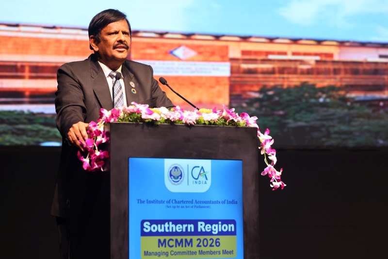 March 23, 2026 - CA. Prasanna Kumar D, President, ICAI, & CA. Mangesh P. Kinare, Vice-President, ICAI along with Central Council Members & SIRC Regional Council Members at the Managing Committee Members' Meet - Southern Region held at Hyderabad, reinvigorating the Members towards high level of professional integrity, ethics in the profession and acting as a bridge between all the stakeholders in the CA fraternity, clients and the Government.